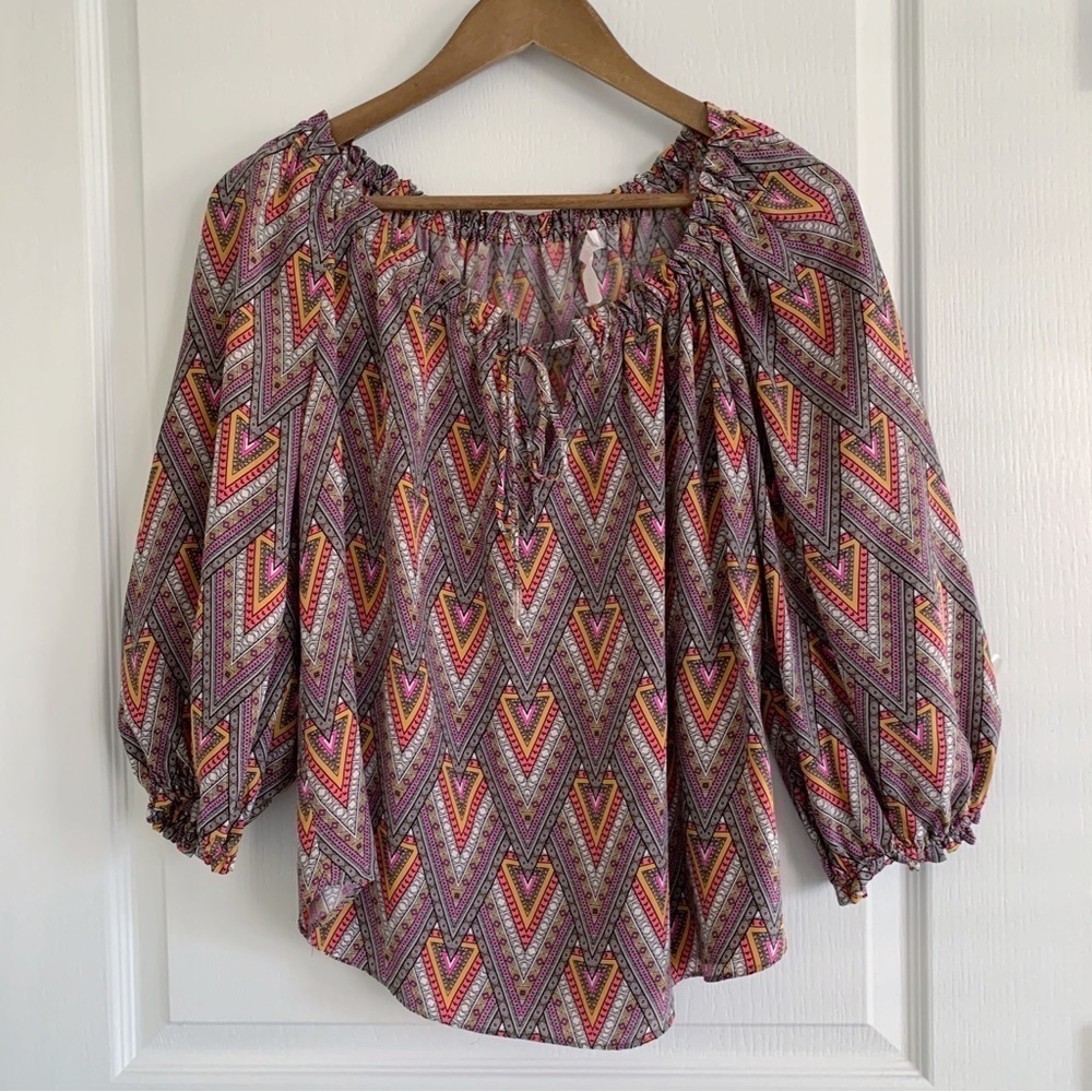 Alice & Trixie Retro Print Balloon Sleeve Silk Blouse XS Summer Festival